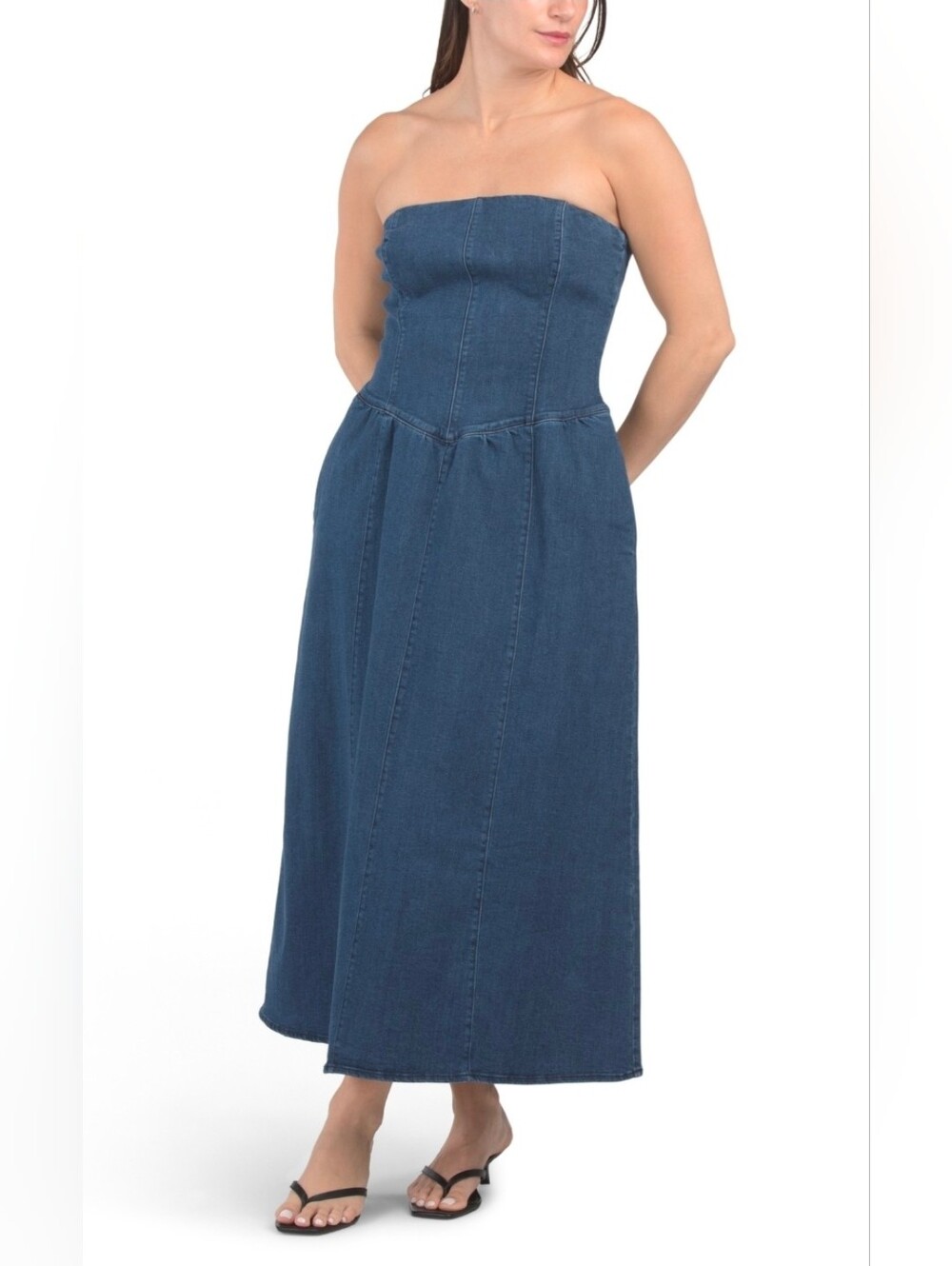 Camila Coelho Strapless Denim Midi Dress in Blue